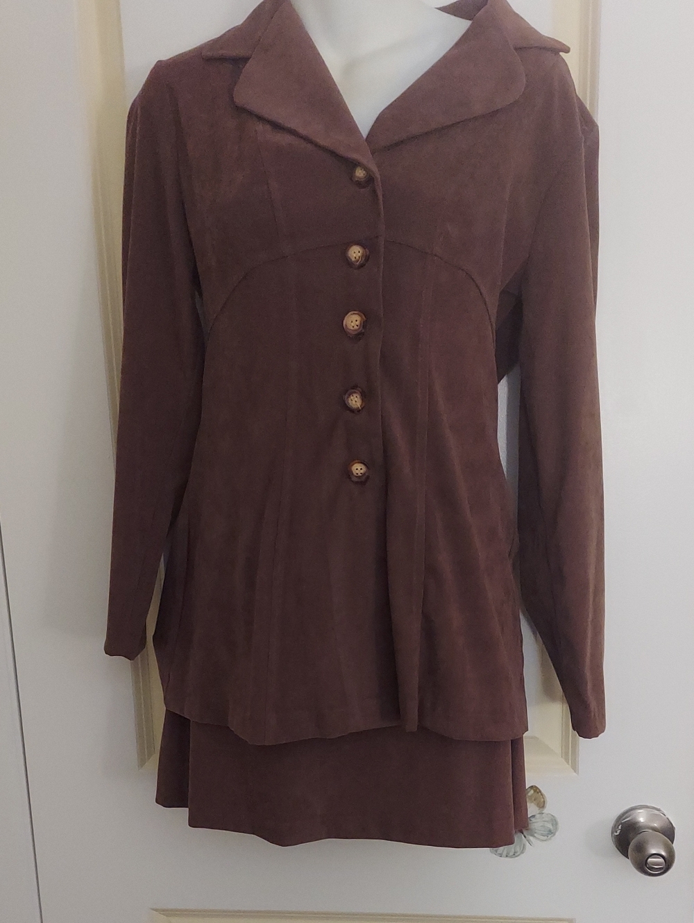Vintage Women's Brown Button-Front Faux Suede Jacket/Blouse And Mini Skirt Suit